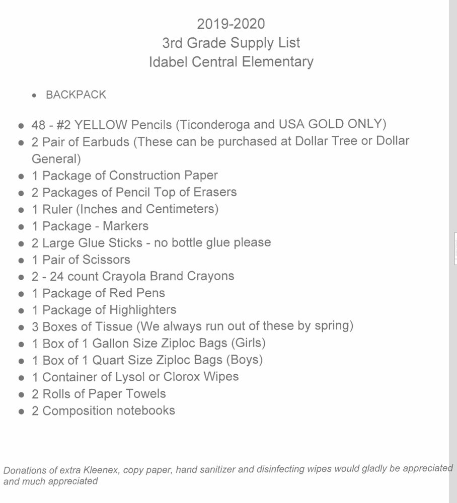 3rd Grade Supply List