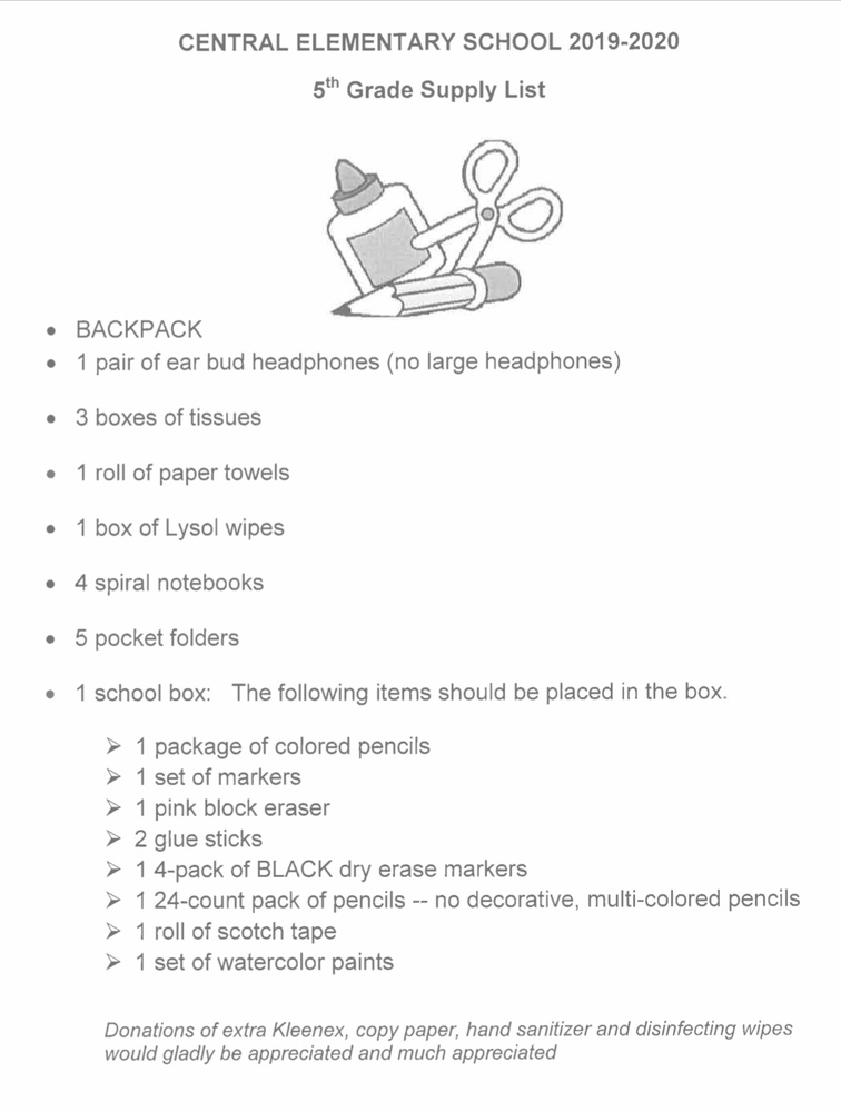 5th Grade Supply List Central Elementary